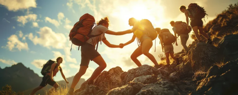 photo of fitness and outdoor people, hiking, camaraderie, accomplishing a goal together.
