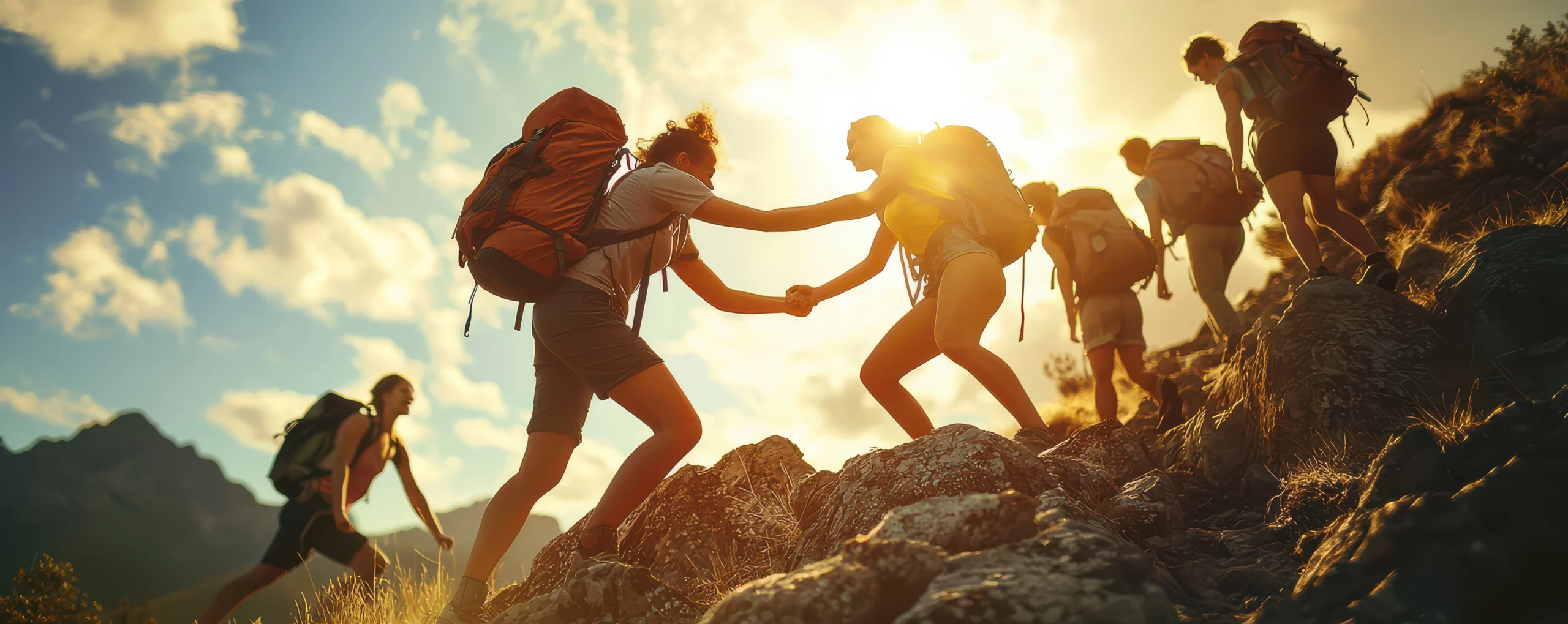 photo of fitness and outdoor people, hiking, camaraderie, accomplishing a goal together.