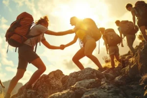 photo of fitness and outdoor people, hiking, camaraderie, accomplishing a goal together.