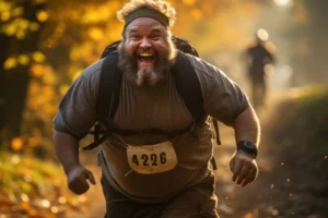 A man completing a fitness challenge and showing the joy of accomplishment in his emotional expression.
