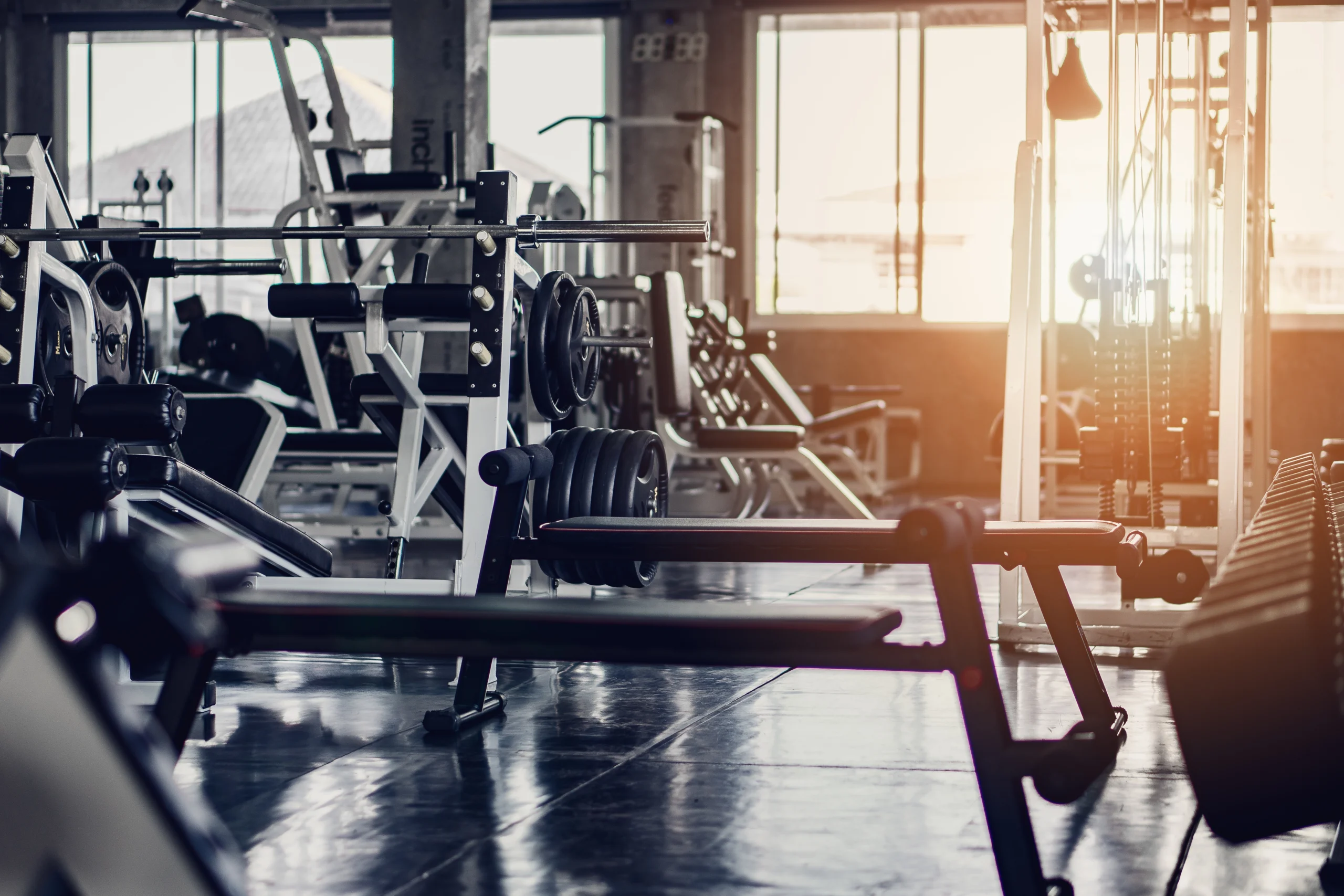 Gym equipment - benches in front of dumbbells.