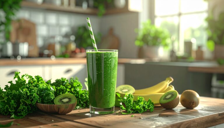 image of a green smoothy on a table with other fruits and vegatables.