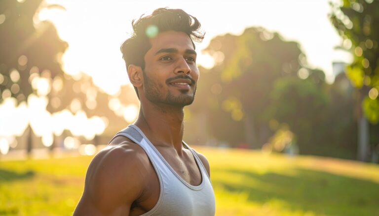 Image of a younger man working out during the summer.
